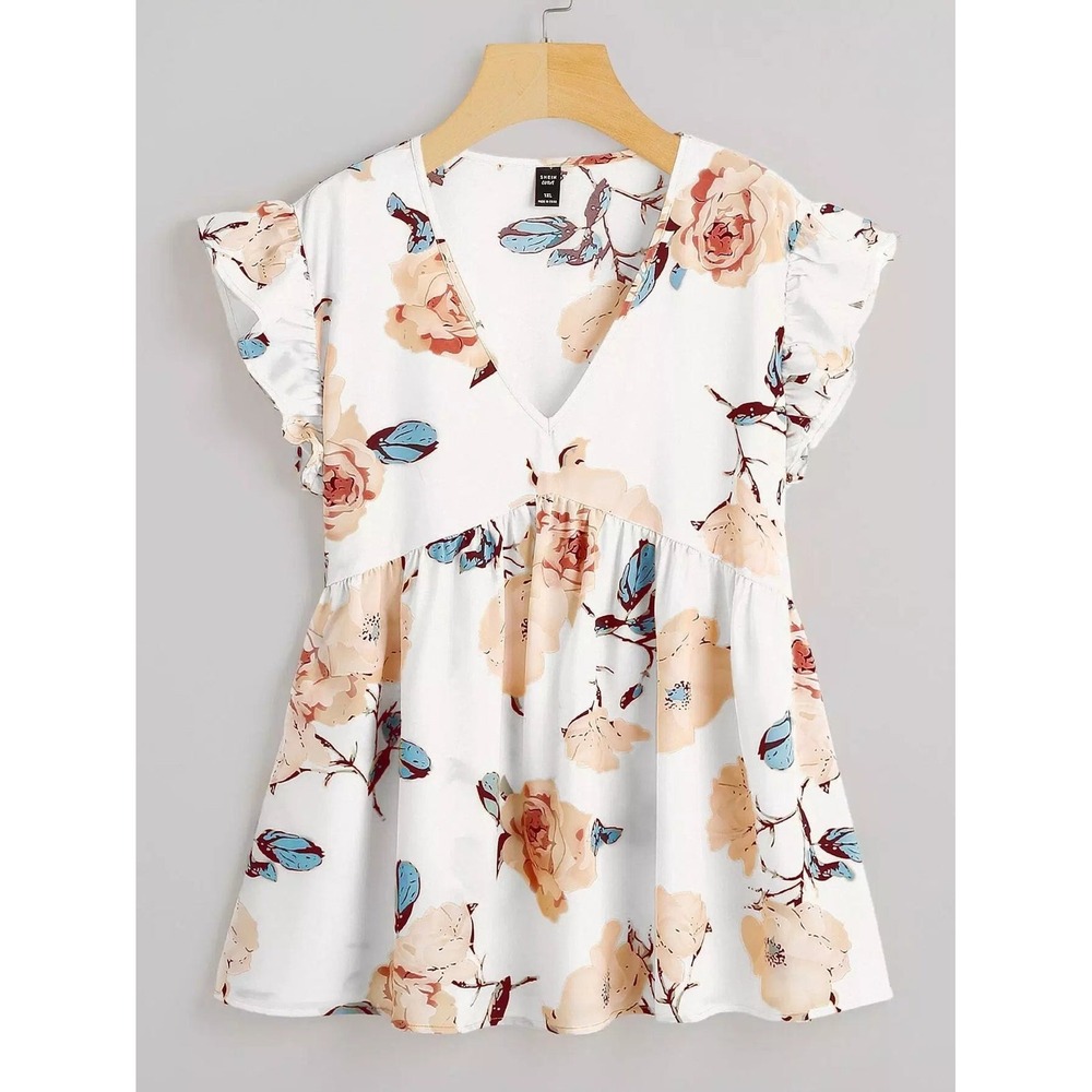 Shein Curve Floral Babydoll Top Ruffle Sleeve V Neck Blouse 4XL